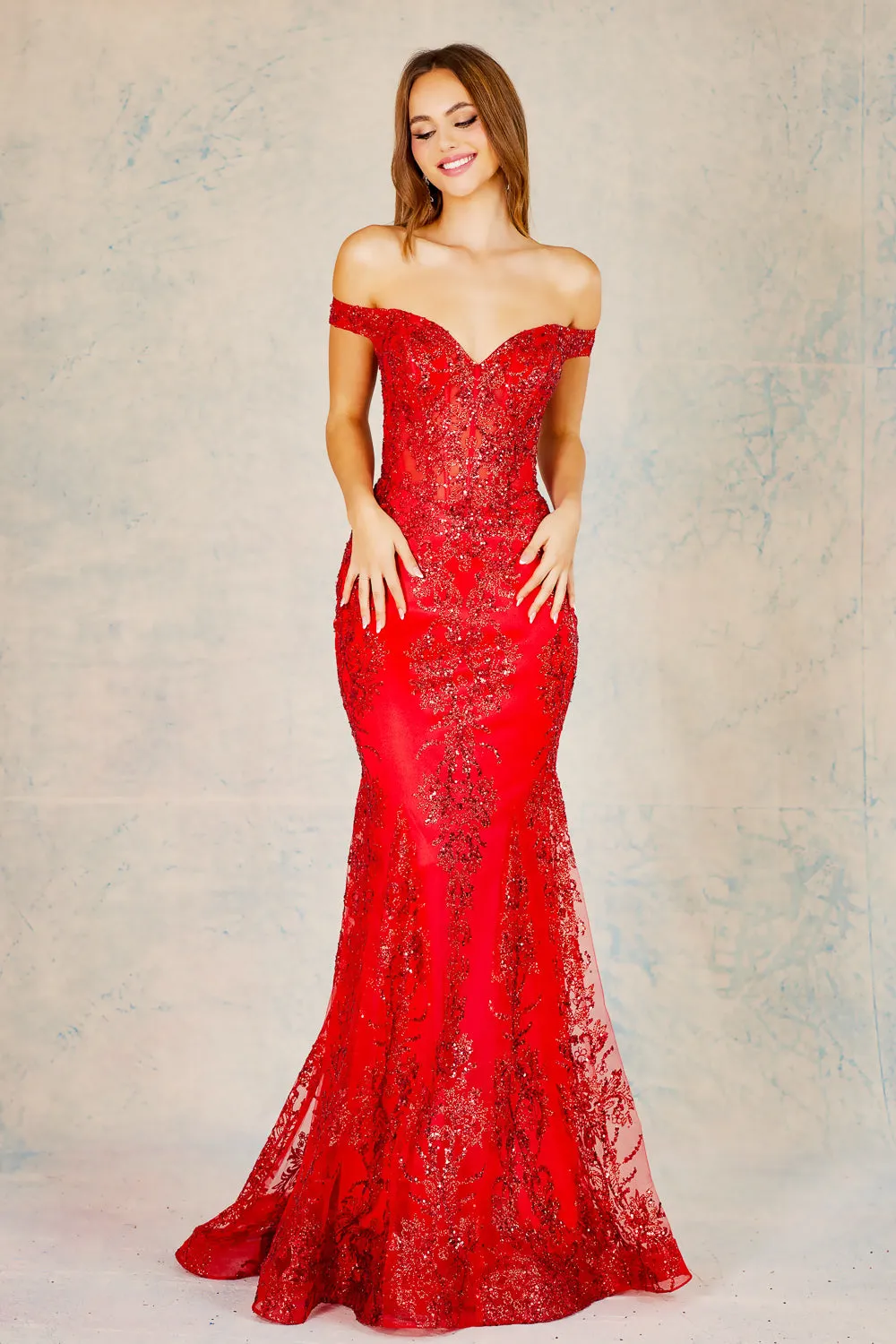 AD 3123 - Off The Shoulder Glitter Detailed Prom Gown With Sheer Boned Bodice & Lace Up Corset Back