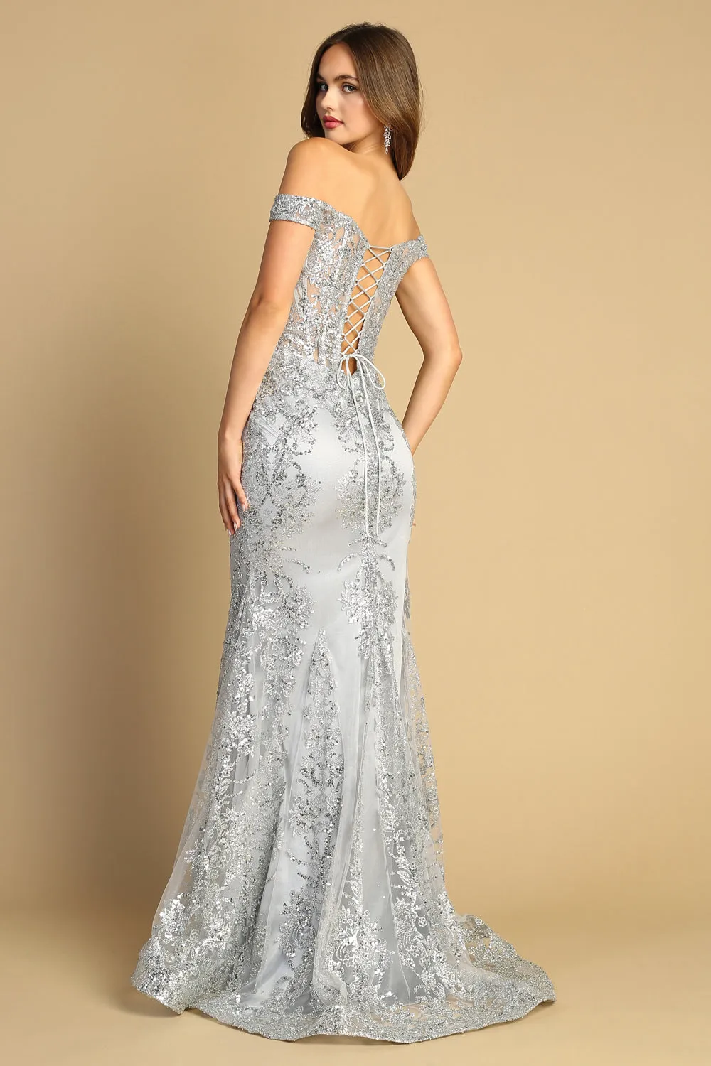 AD 3123 - Off The Shoulder Glitter Detailed Prom Gown With Sheer Boned Bodice & Lace Up Corset Back