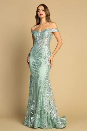 AD 3123 - Off The Shoulder Glitter Detailed Prom Gown With Sheer Boned Bodice & Lace Up Corset Back