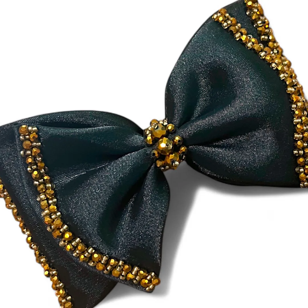 Adelia Bow Clip | Luxury Black Satin Hair Bow with Gold Crystal Beads
