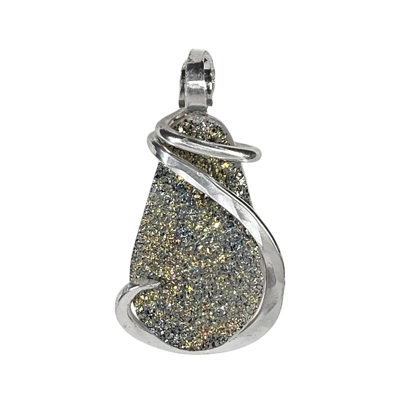 Agatized Drusy Handmade Crystal Pendant Wrapped in Silver
