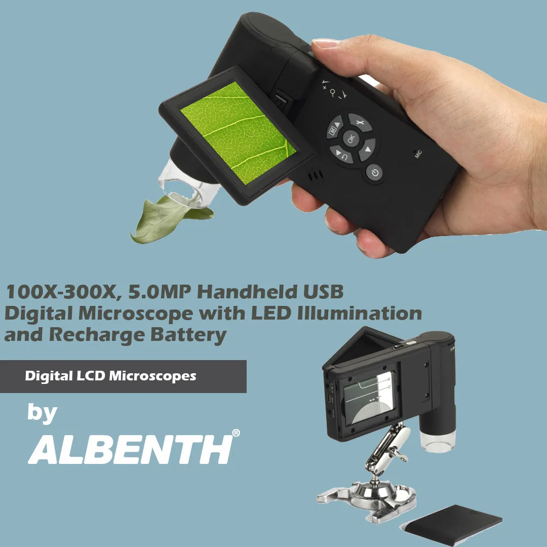 Albenth 100X-300X, 5.0MP Led Lighted Zoom Pocket Microscope Built-in Recharge Battery