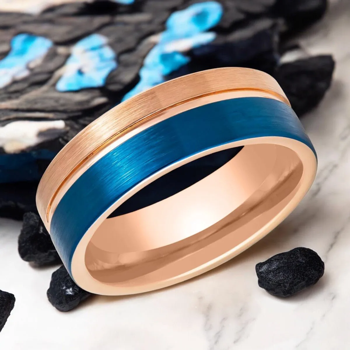 ALNAIR | Rose Gold Tungsten Ring, Blue Brushed, Grooved, Flat