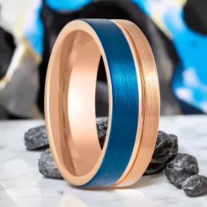 ALNAIR | Rose Gold Tungsten Ring, Blue Brushed, Grooved, Flat