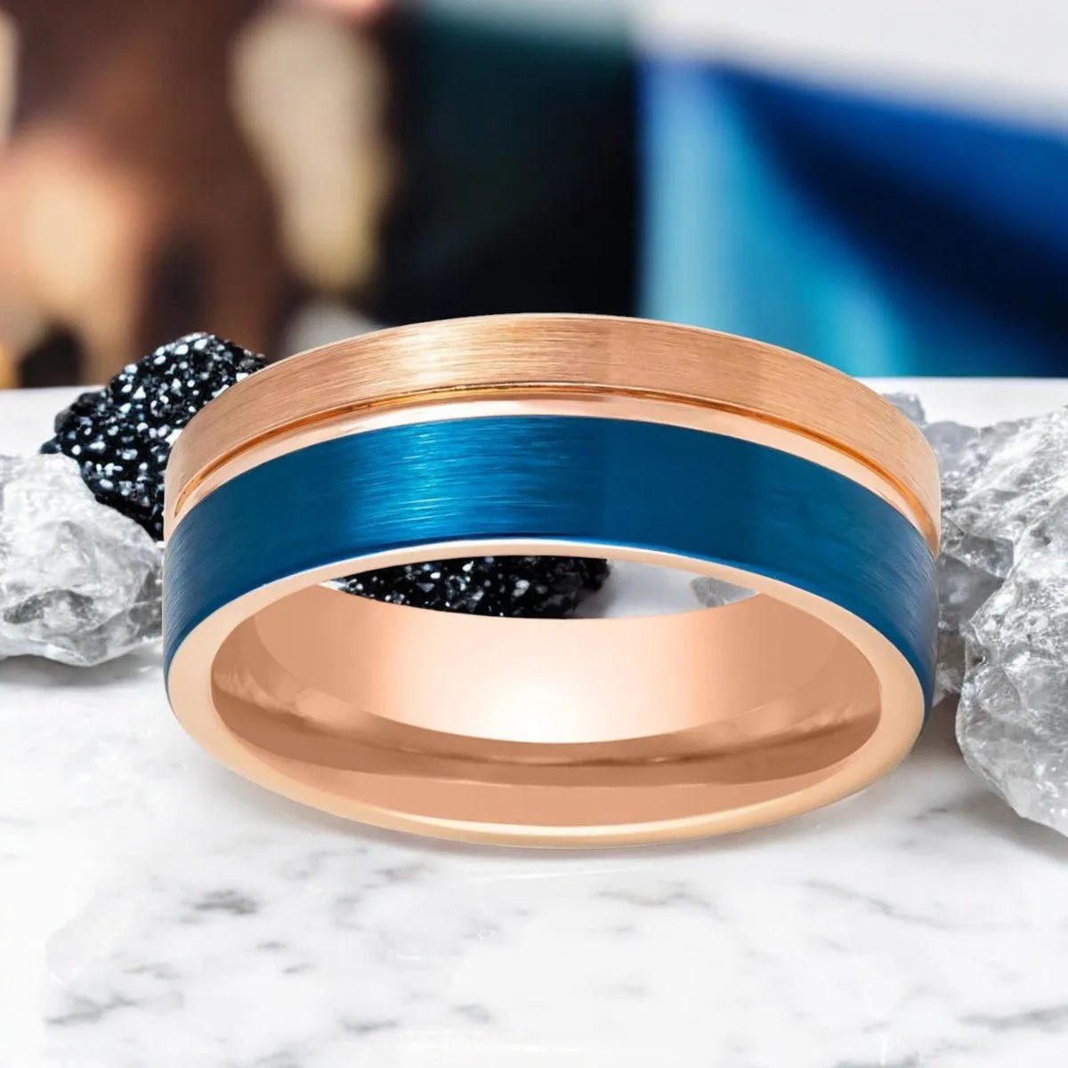 ALNAIR | Rose Gold Tungsten Ring, Blue Brushed, Grooved, Flat