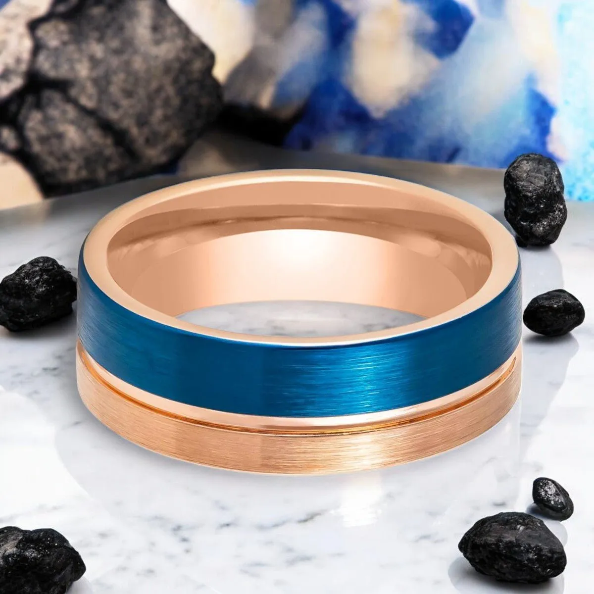 ALNAIR | Rose Gold Tungsten Ring, Blue Brushed, Grooved, Flat