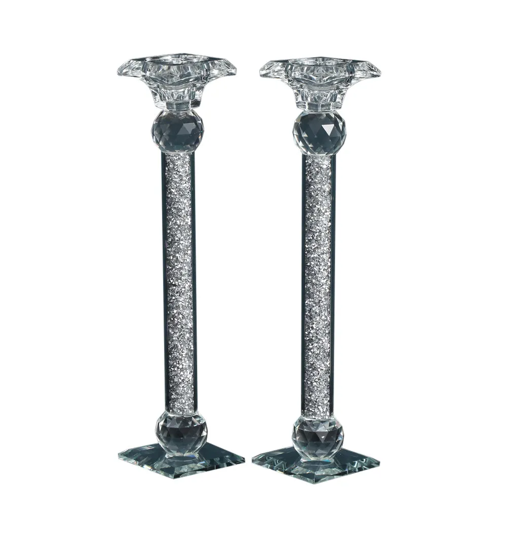 Ambrose 2 Candle Holder Set in Gift Box, Silver Crushed Diamonds Glass