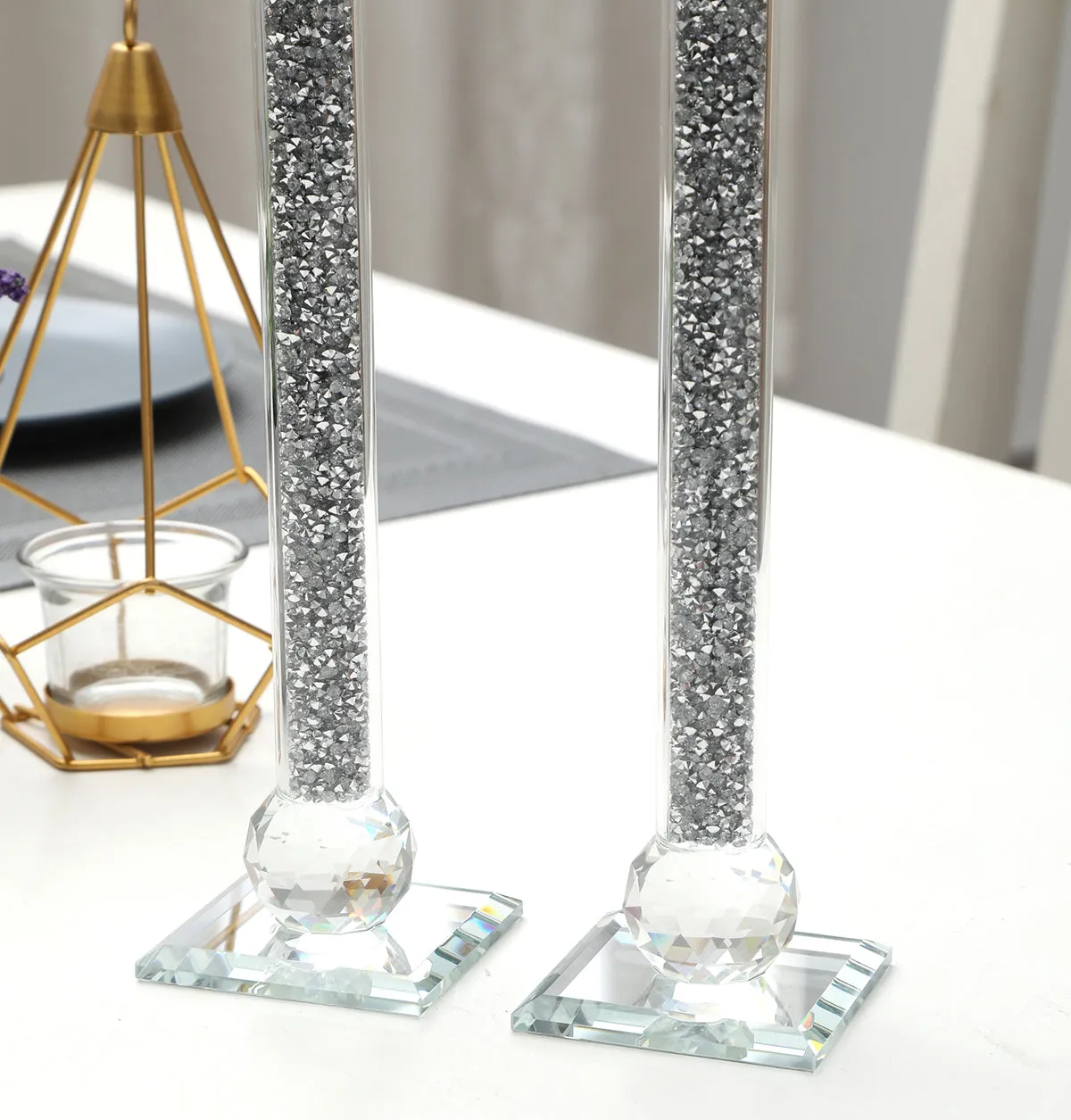Ambrose 2 Candle Holder Set in Gift Box, Silver Crushed Diamonds Glass