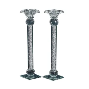 Ambrose 2 Candle Holder Set in Gift Box, Silver Crushed Diamonds Glass