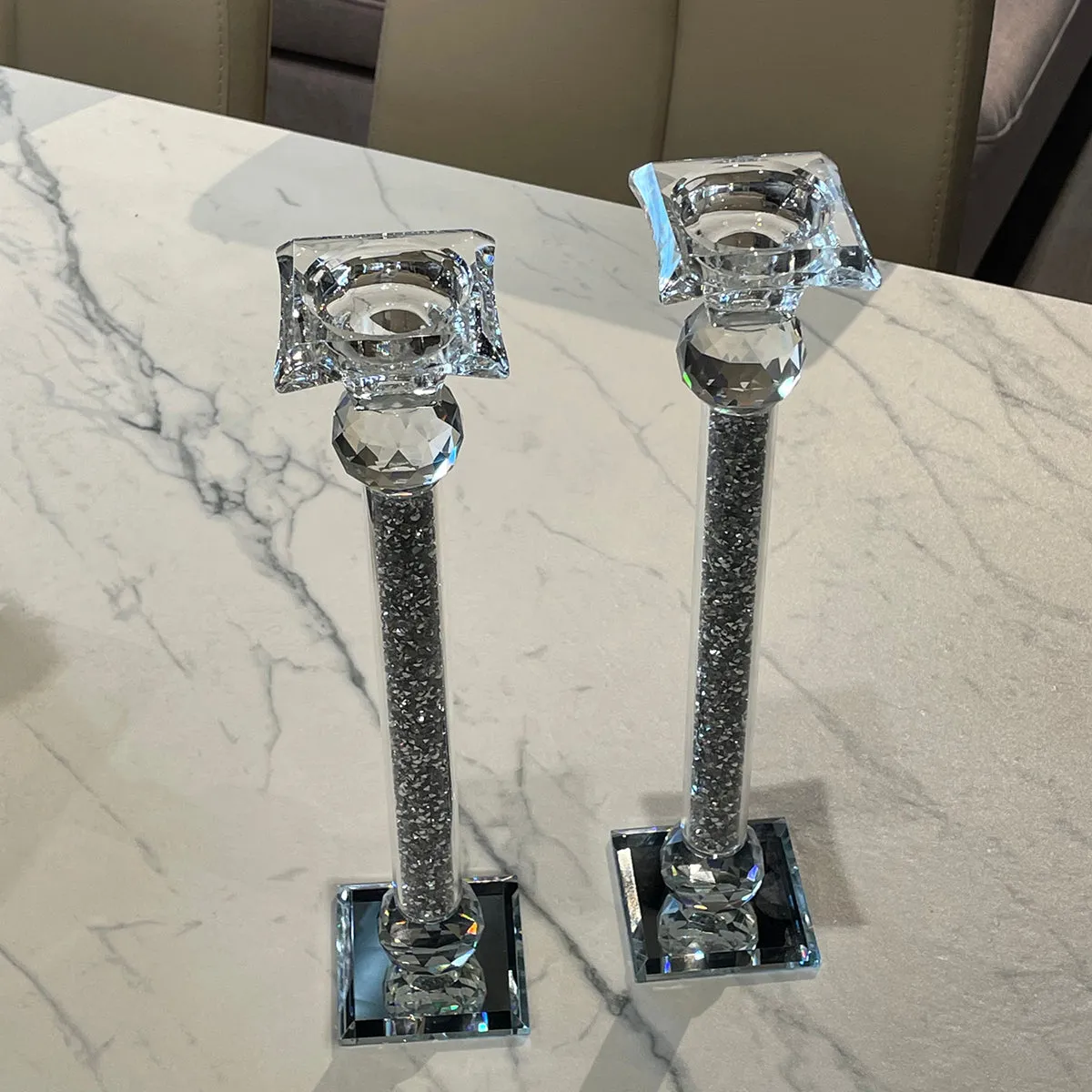 Ambrose 2 Candle Holder Set in Gift Box, Silver Crushed Diamonds Glass