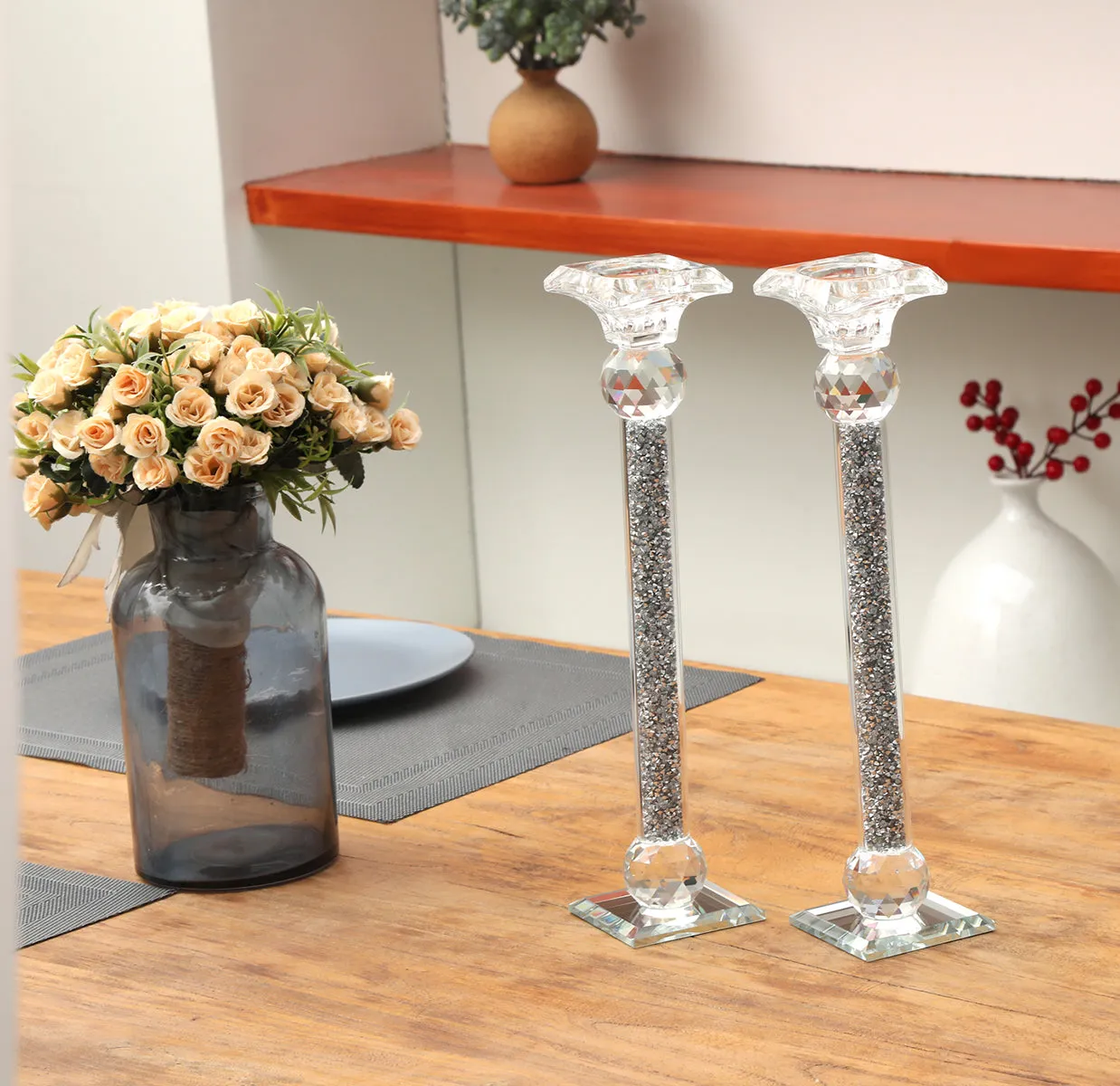 Ambrose 2 Candle Holder Set in Gift Box, Silver Crushed Diamonds Glass