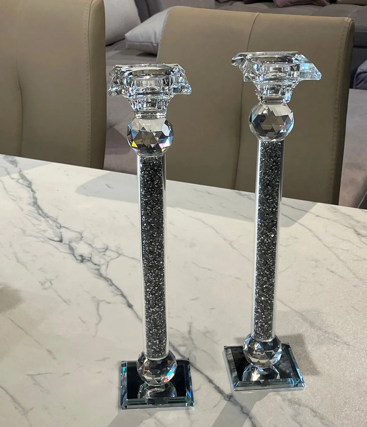 Ambrose 2 Candle Holder Set in Gift Box, Silver Crushed Diamonds Glass