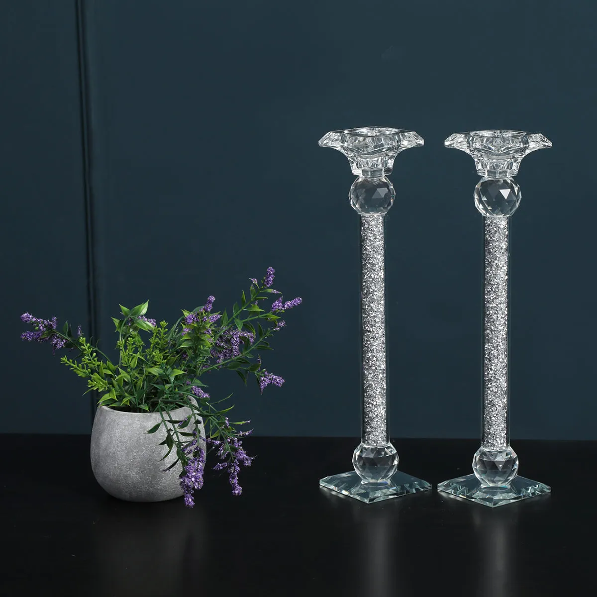 Ambrose 2 Candle Holder Set in Gift Box, Silver Crushed Diamonds Glass