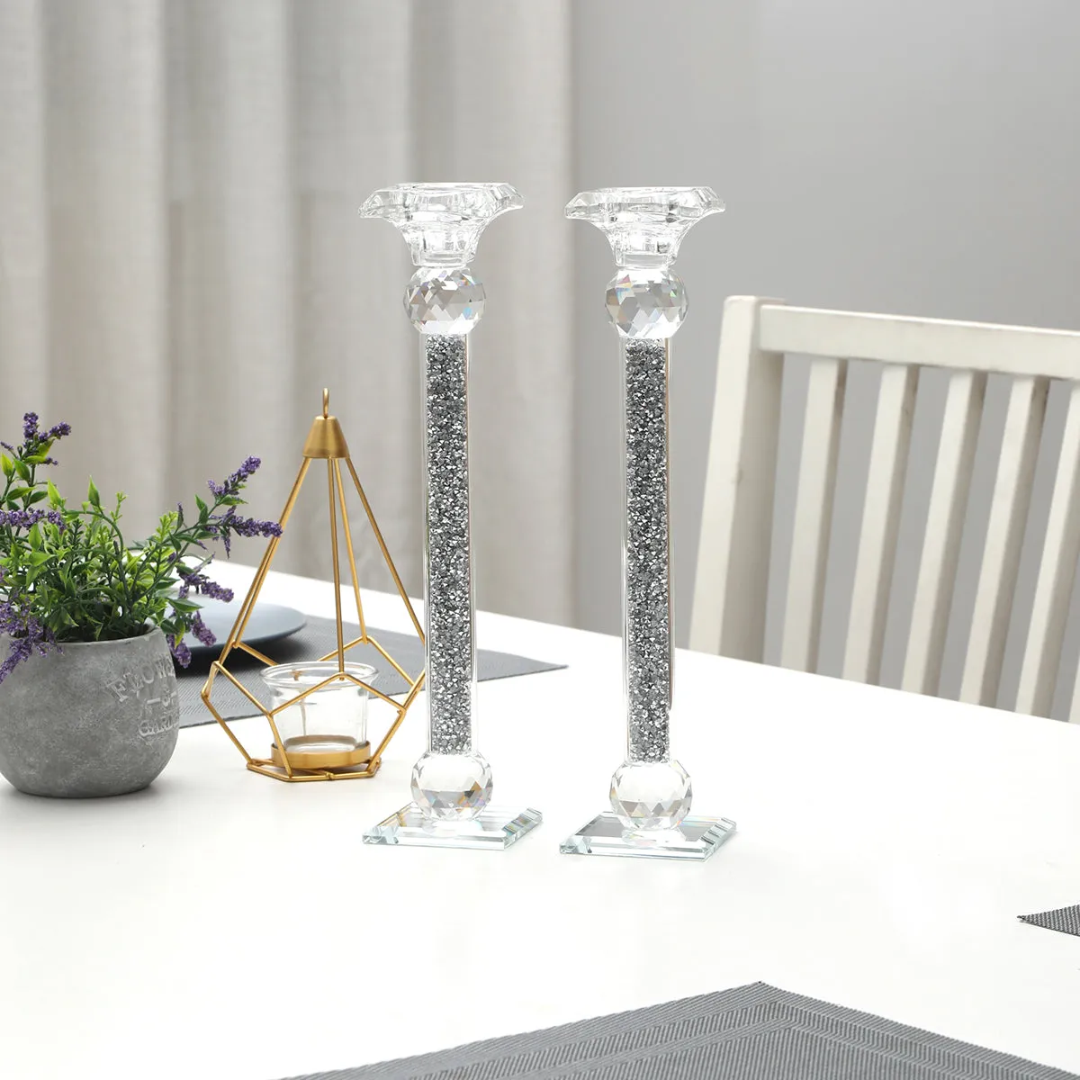 Ambrose 2 Candle Holder Set in Gift Box, Silver Crushed Diamonds Glass