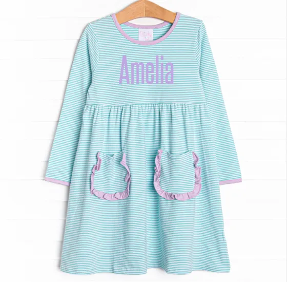 Amelia Dress, Mint Stripe