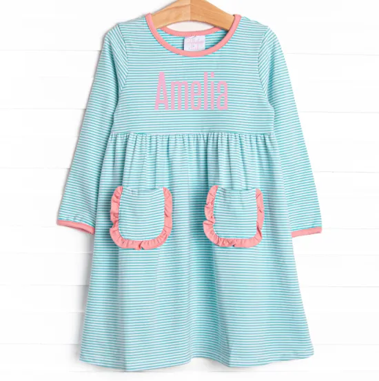 Amelia Dress, Pink and Mint Stripe