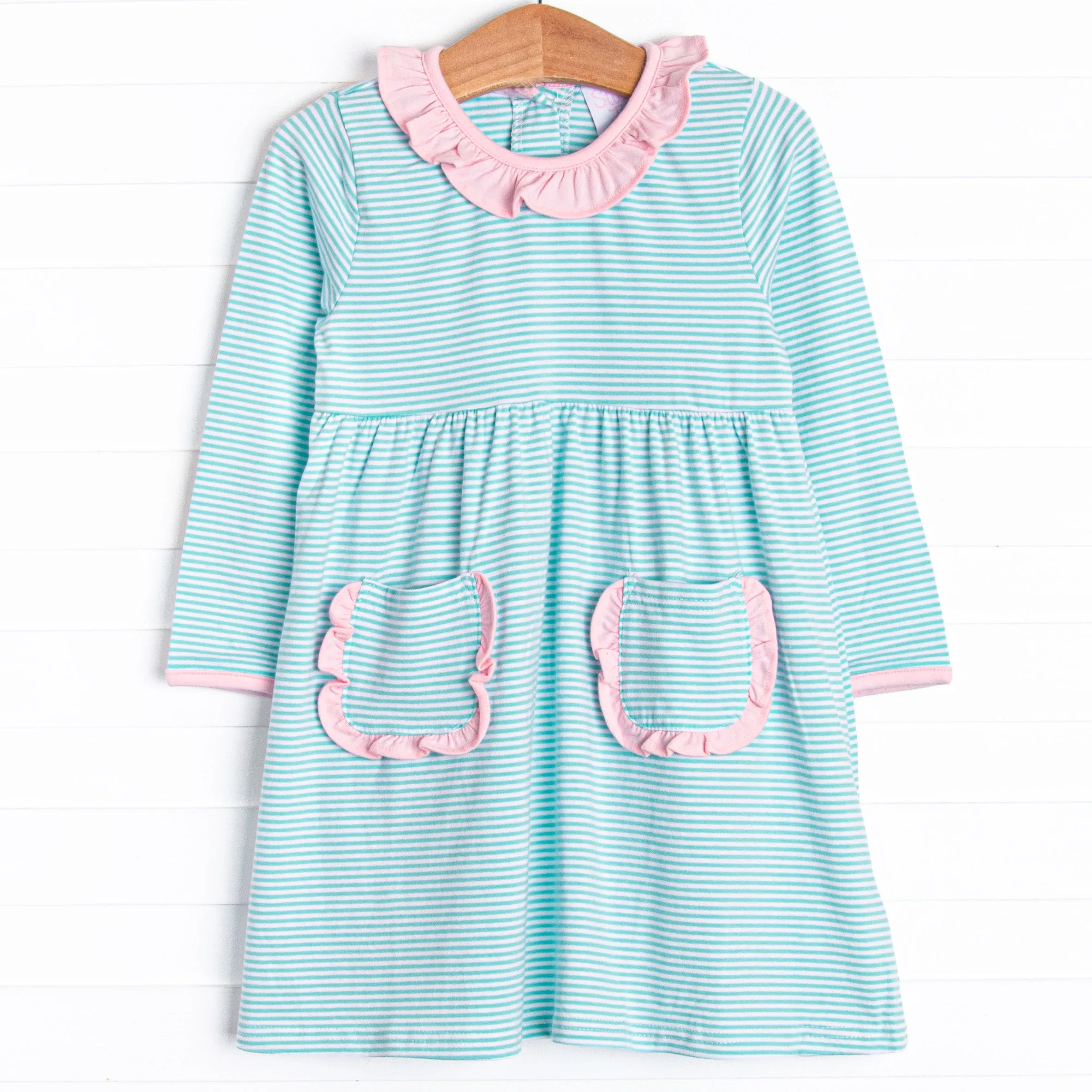 Amelia Ruffle Dress, Pink and Mint Stripe