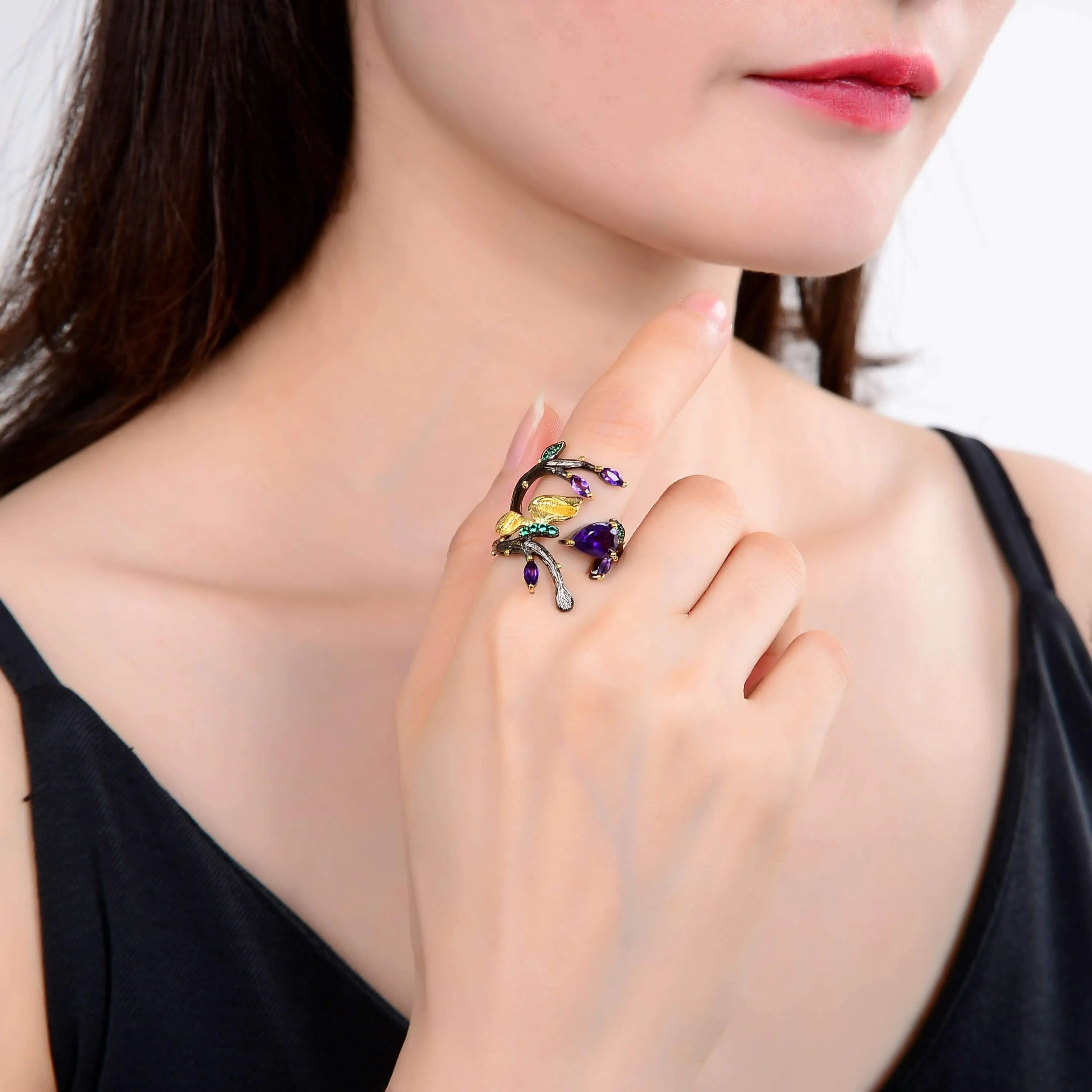 Amethyst Gun Plated Petal Ring