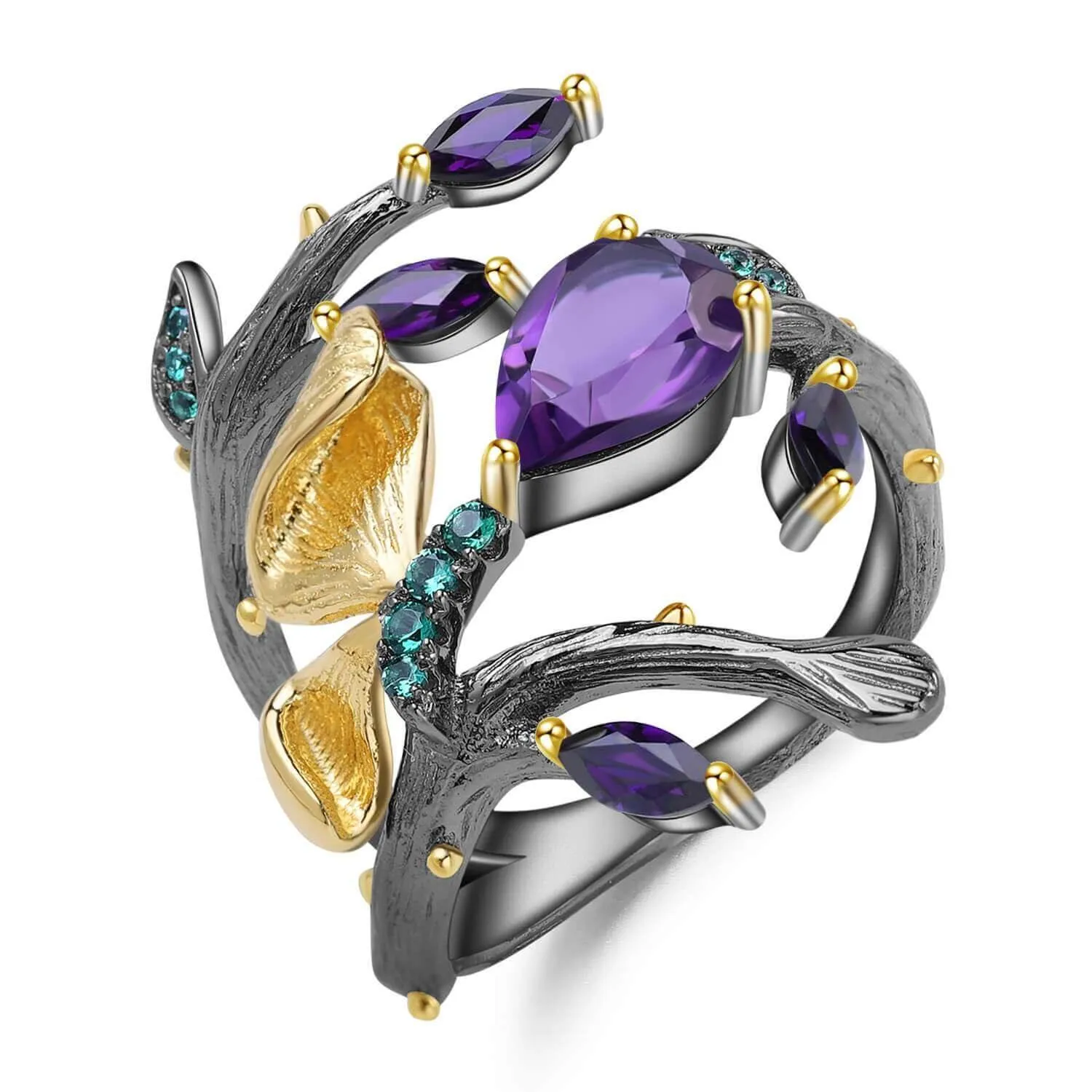 Amethyst Gun Plated Petal Ring