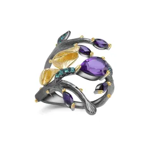 Amethyst Gun Plated Petal Ring