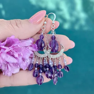 Amethyst, Mystic Moonstone, Sterling Silver Chandelier Earrings