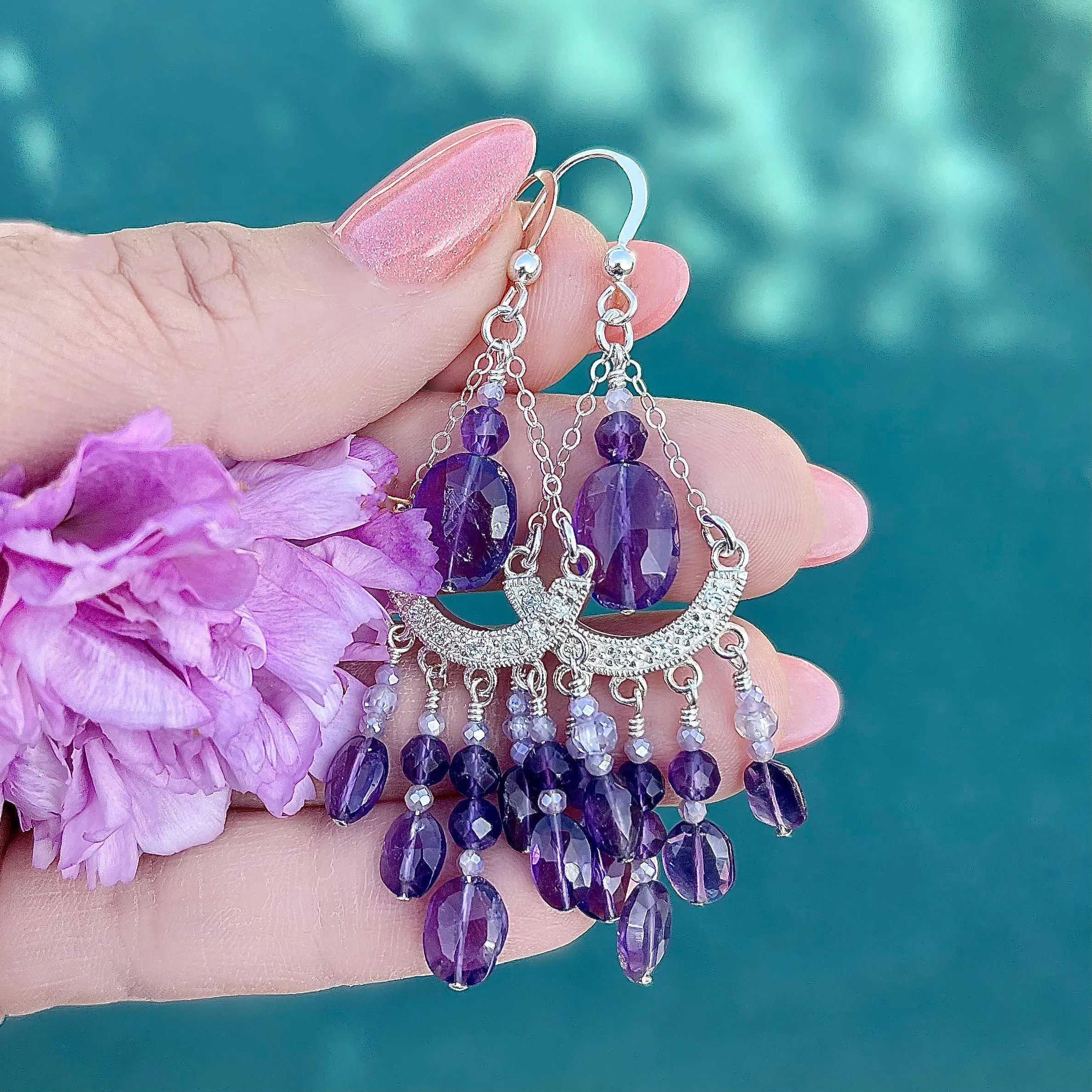 Amethyst, Mystic Moonstone, Sterling Silver Chandelier Earrings