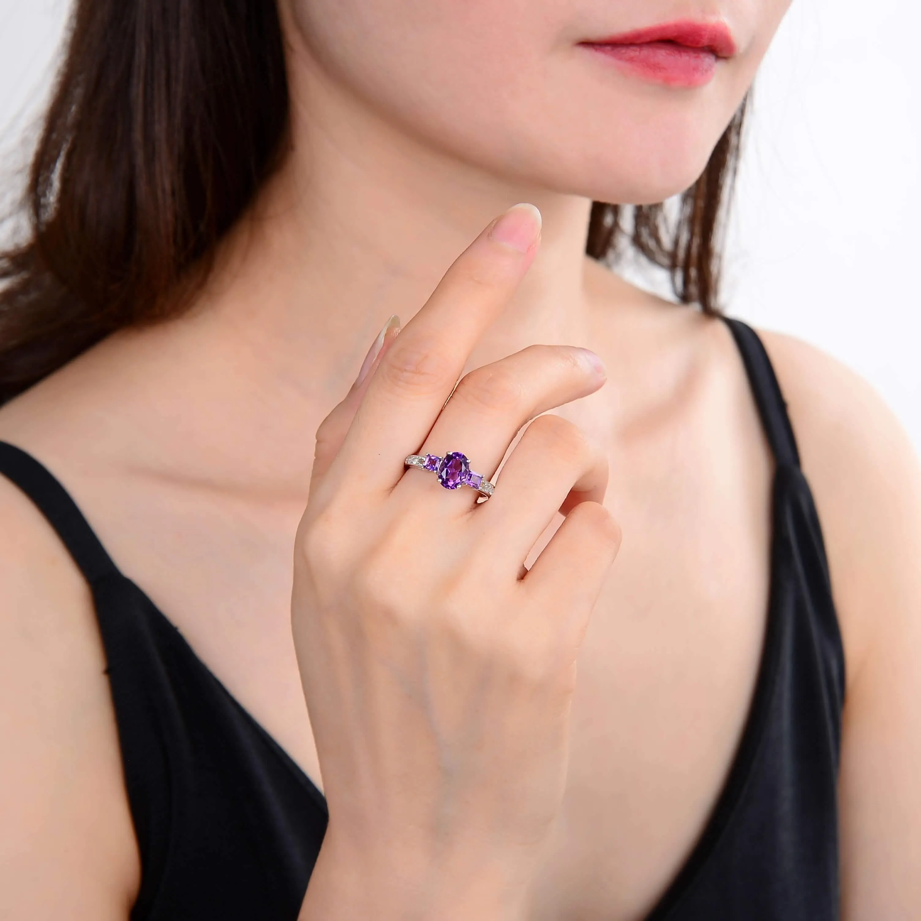 Amethyst Oval and Square Three Stone Ring