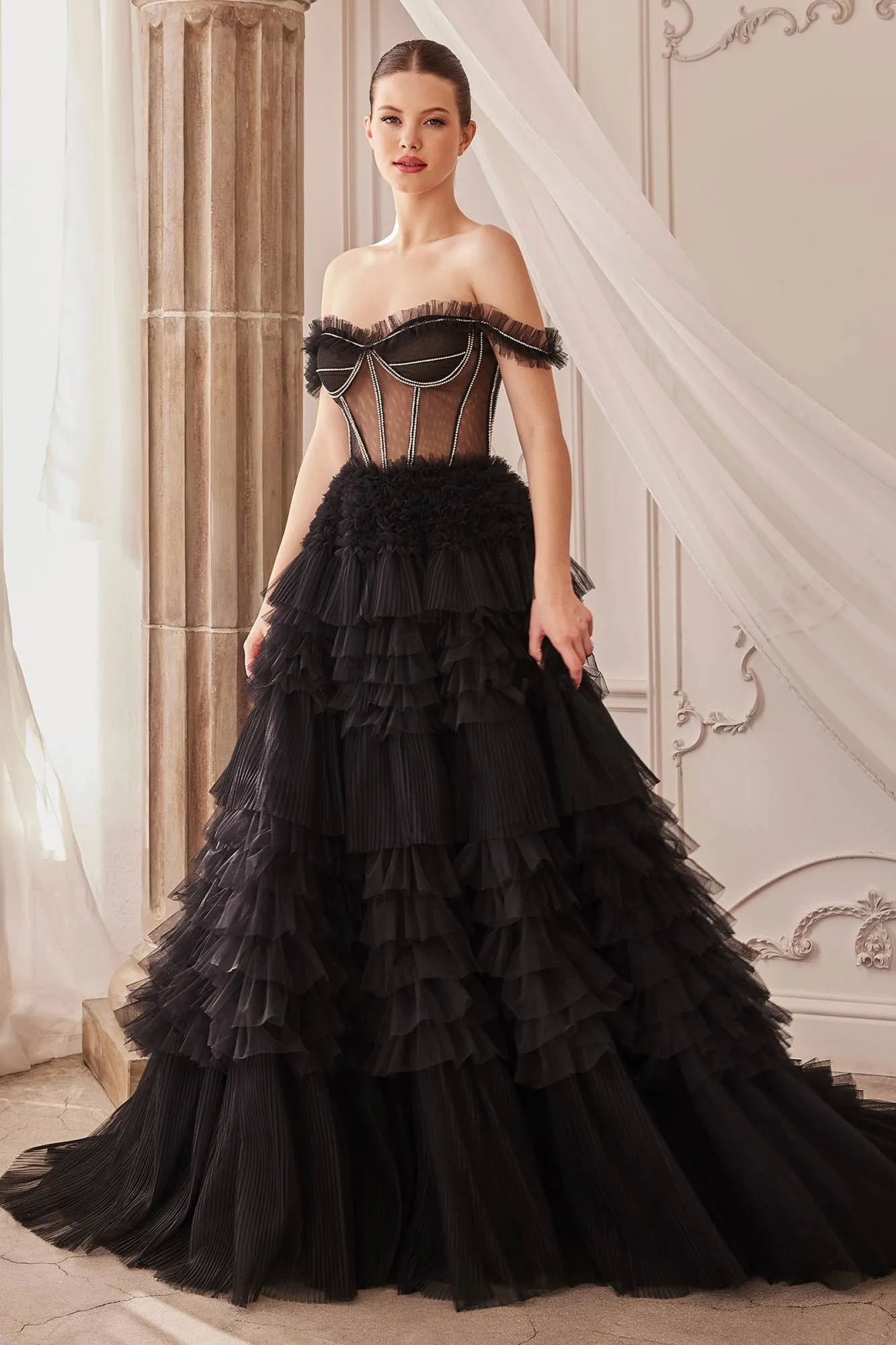 Andrea & Leo A1150 Rhinestone Corset Ruffle A-Line Gown