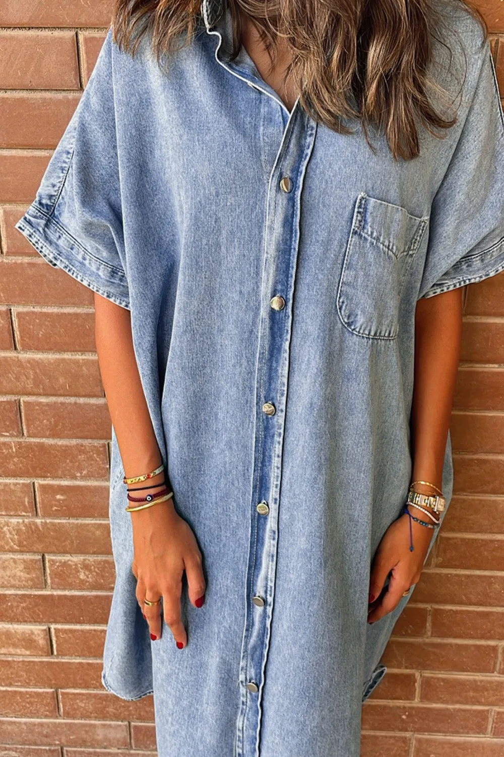 Angela Pocketed Button Up Half Sleeve Denim Dress