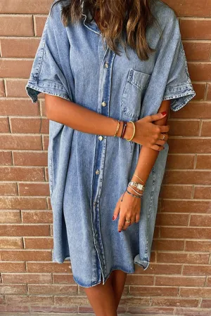 Angela Pocketed Button Up Half Sleeve Denim Dress