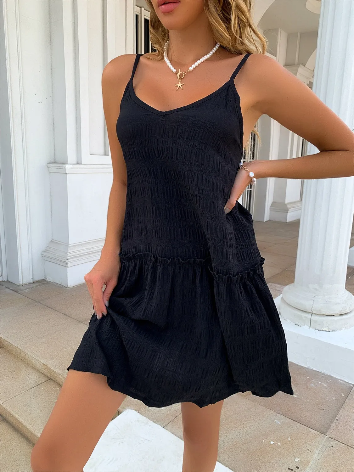 Angelina Ruffle Hem Textured V-Neck Cami Dress