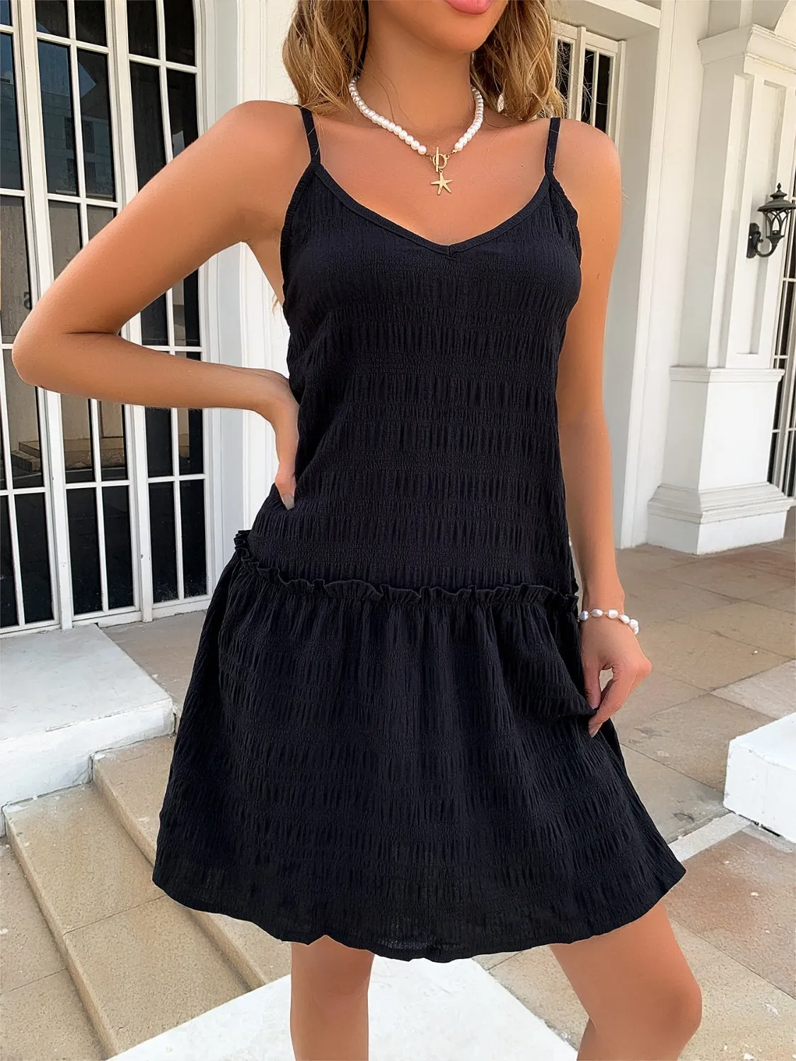 Angelina Ruffle Hem Textured V-Neck Cami Dress