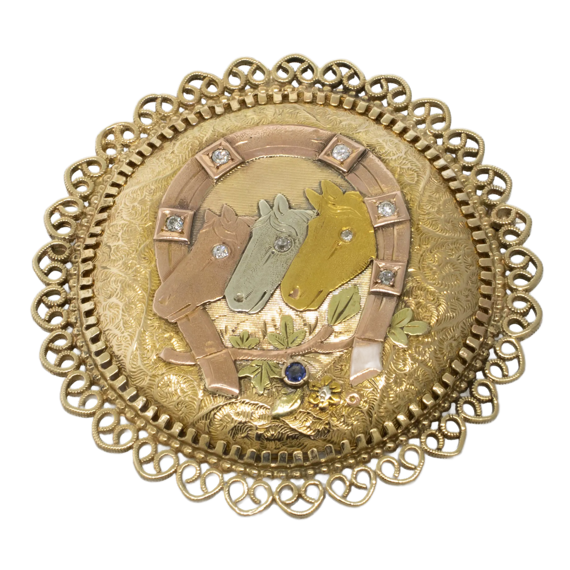 Antique 14K Tri-Gold Horse & Horseshoe Pin Pendant w/ Diamonds & Sapphire 16 DWT