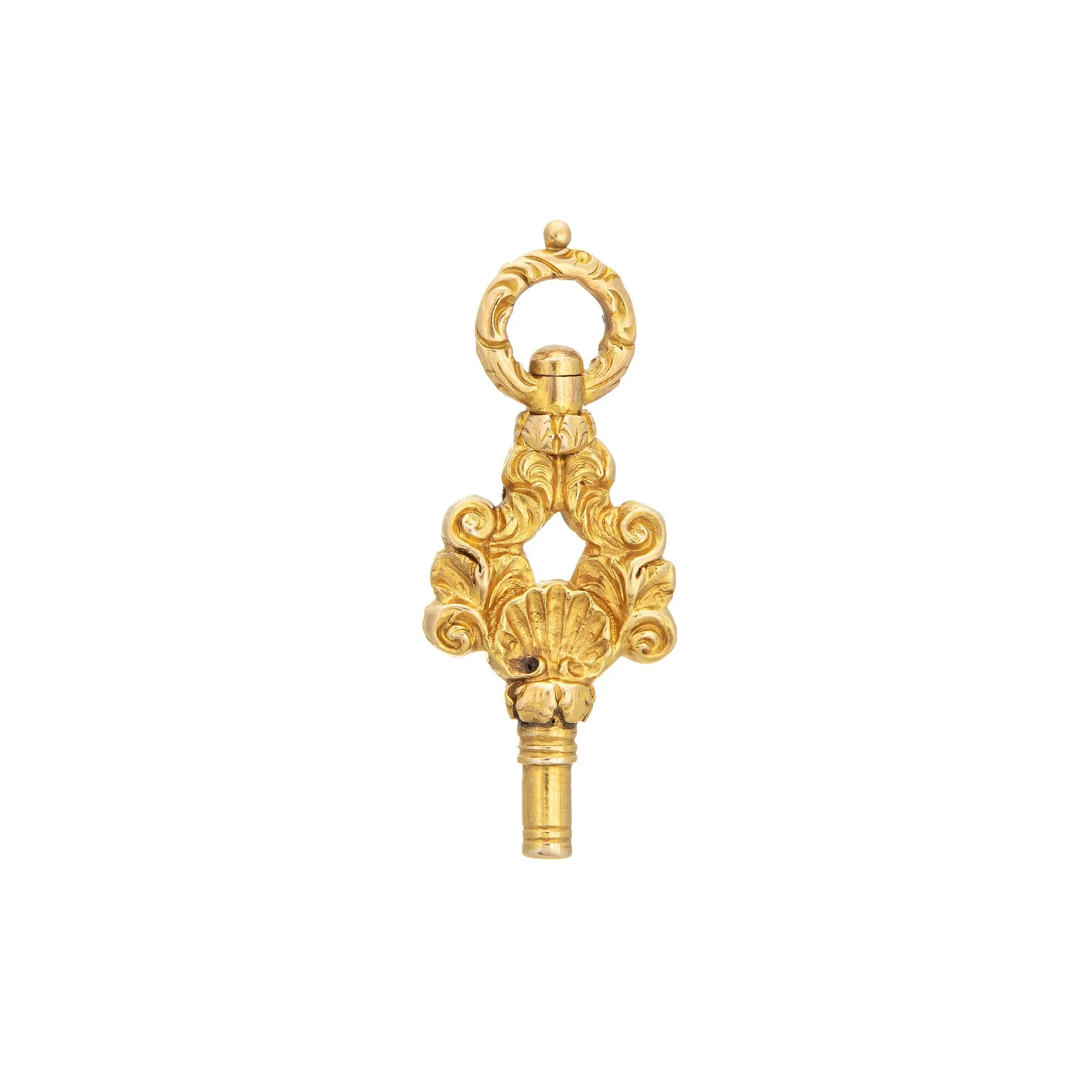 Antique Victorian Watch Key Fob 18k Yellow Gold Chased Shell Winder Pendant