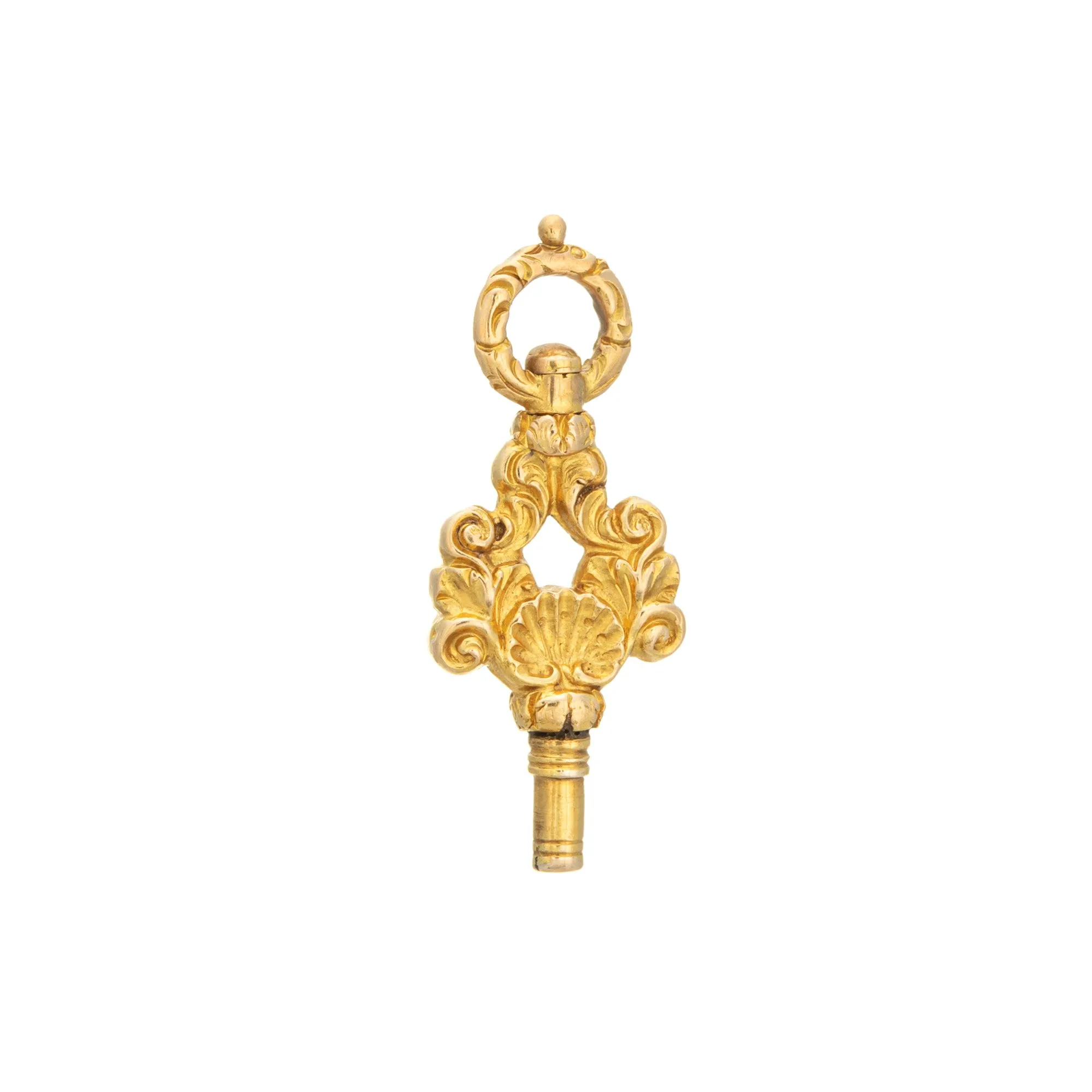 Antique Victorian Watch Key Fob 18k Yellow Gold Chased Shell Winder Pendant
