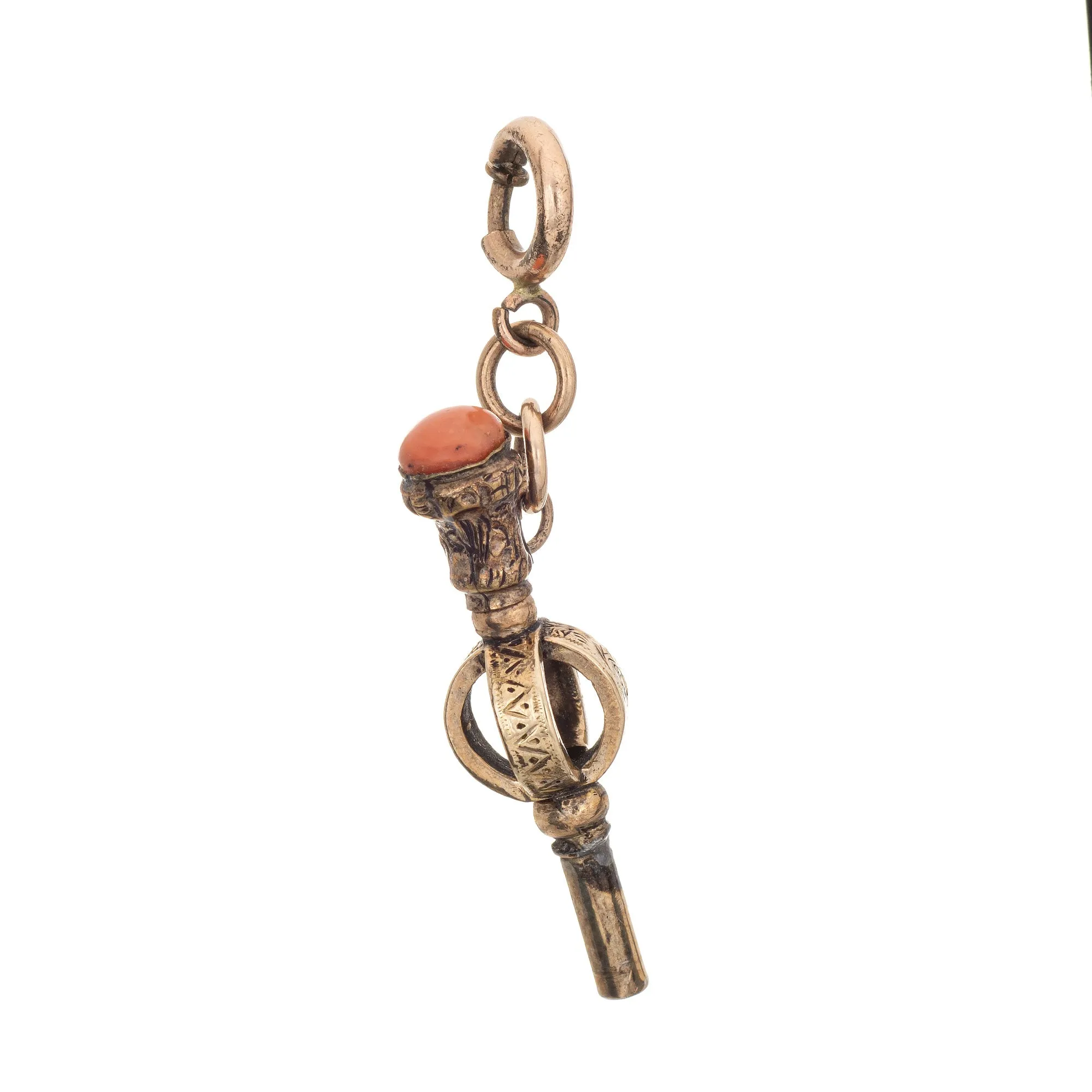 Antique Victorian Watch Key Fob 9k Yellow Gold Charm Pendant Coral Jewelry