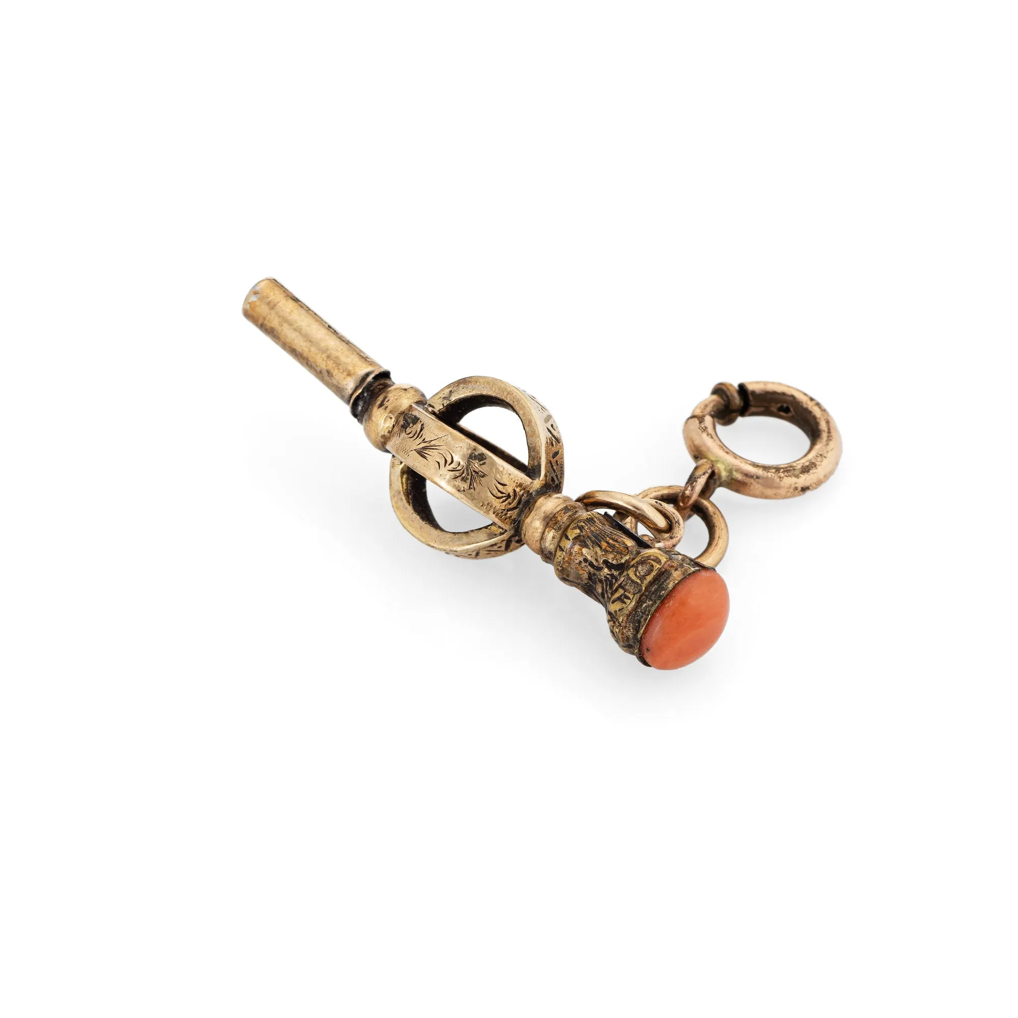 Antique Victorian Watch Key Fob 9k Yellow Gold Charm Pendant Coral Jewelry