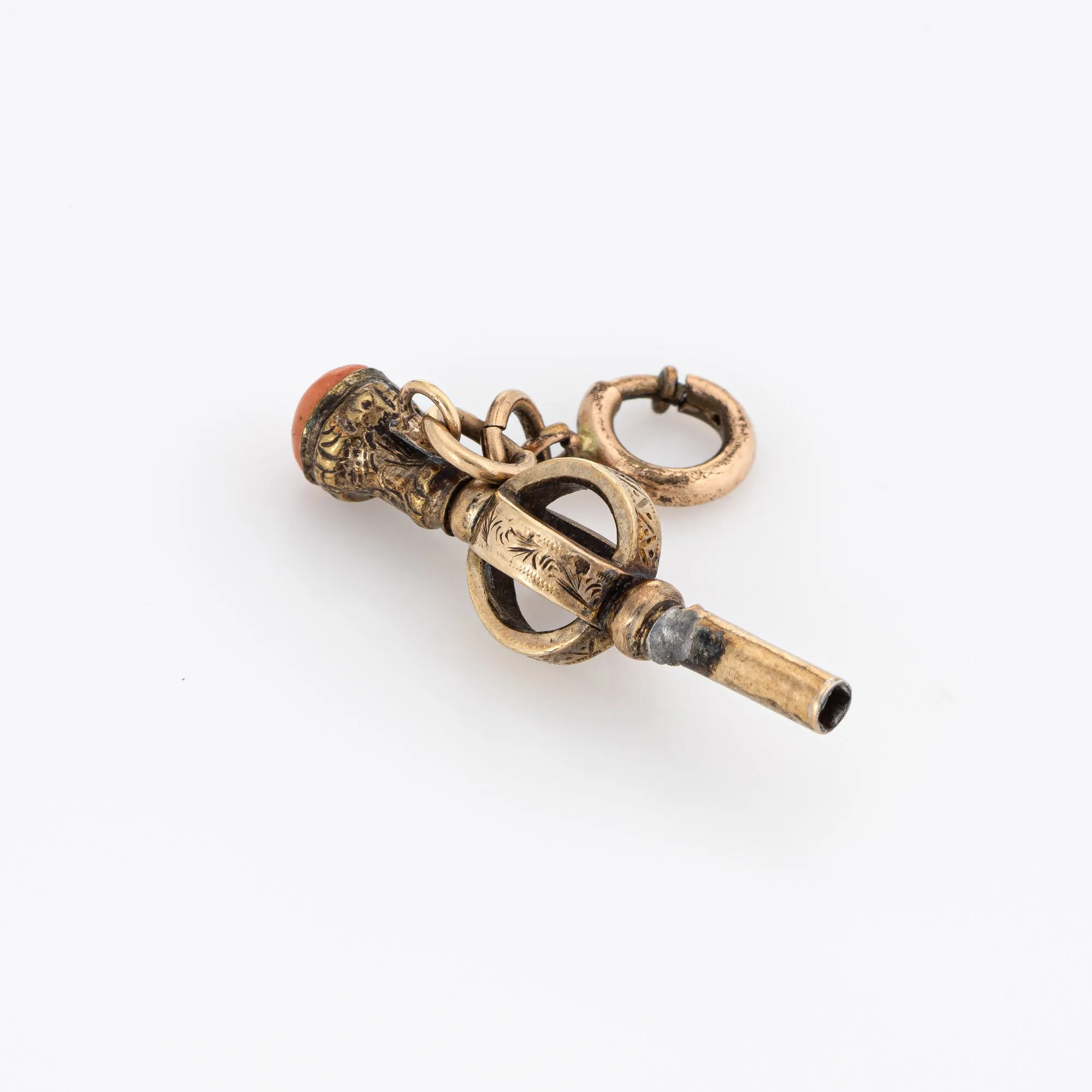 Antique Victorian Watch Key Fob 9k Yellow Gold Charm Pendant Coral Jewelry
