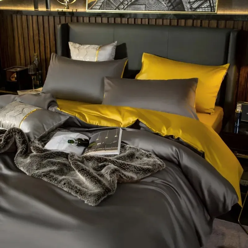 Anyhouz Bed Sheet Deep Grey Yellow Ultra Soft Luxury Egyptian Cotton Bedding Cover Queen Size 6 Pcs Bed Set