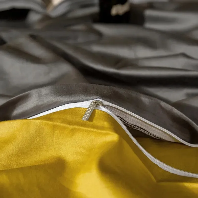 Anyhouz Bed Sheet Deep Grey Yellow Ultra Soft Luxury Egyptian Cotton Bedding Cover Queen Size 6 Pcs Bed Set