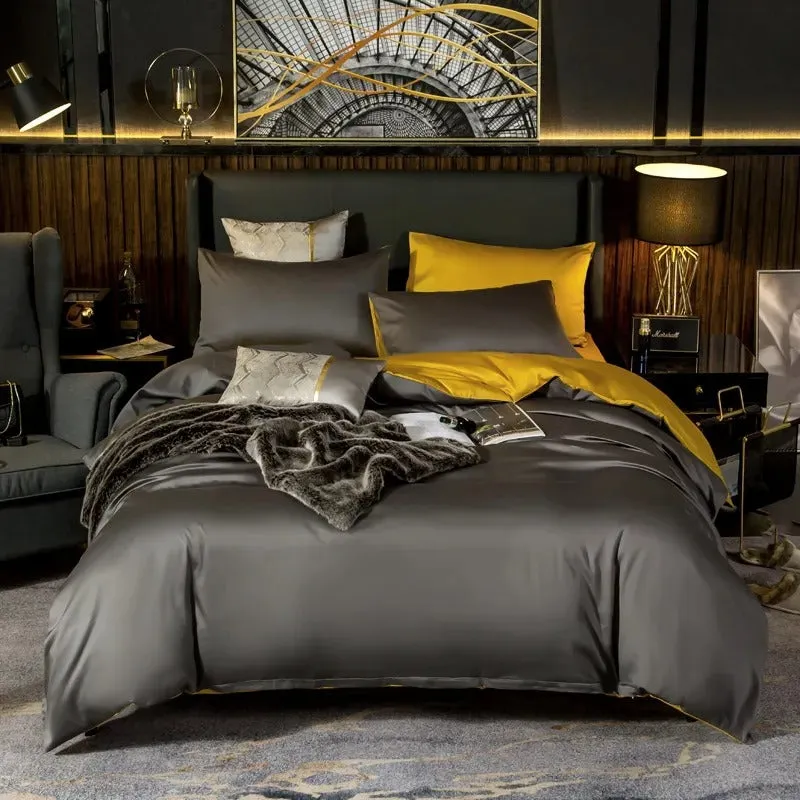 Anyhouz Bed Sheet Deep Grey Yellow Ultra Soft Luxury Egyptian Cotton Bedding Cover Queen Size 6 Pcs Bed Set
