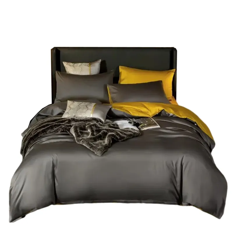 Anyhouz Bed Sheet Deep Grey Yellow Ultra Soft Luxury Egyptian Cotton Bedding Cover Queen Size 6 Pcs Bed Set
