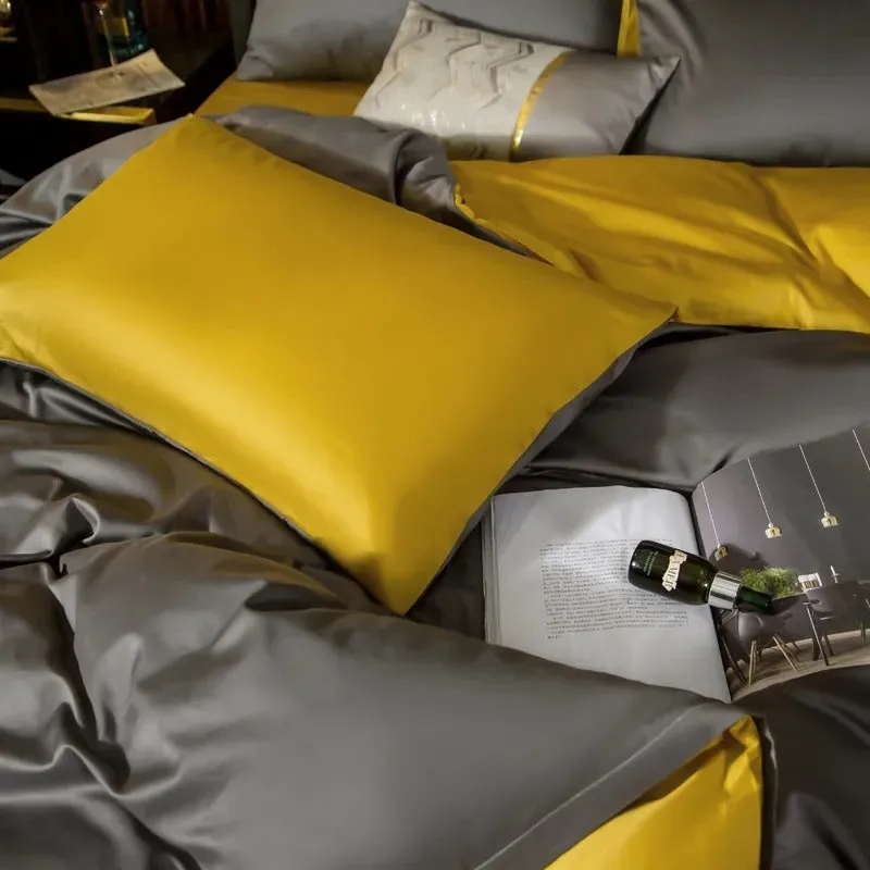 Anyhouz Bed Sheet Deep Grey Yellow Ultra Soft Luxury Egyptian Cotton Bedding Cover Queen Size 6 Pcs Bed Set