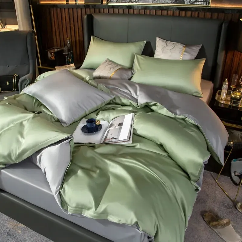 Anyhouz Bed Sheet Green Light Grey Ultra Soft Luxury Egyptian Cotton Bedding Cover Queen Size 4 Pcs Bed Set