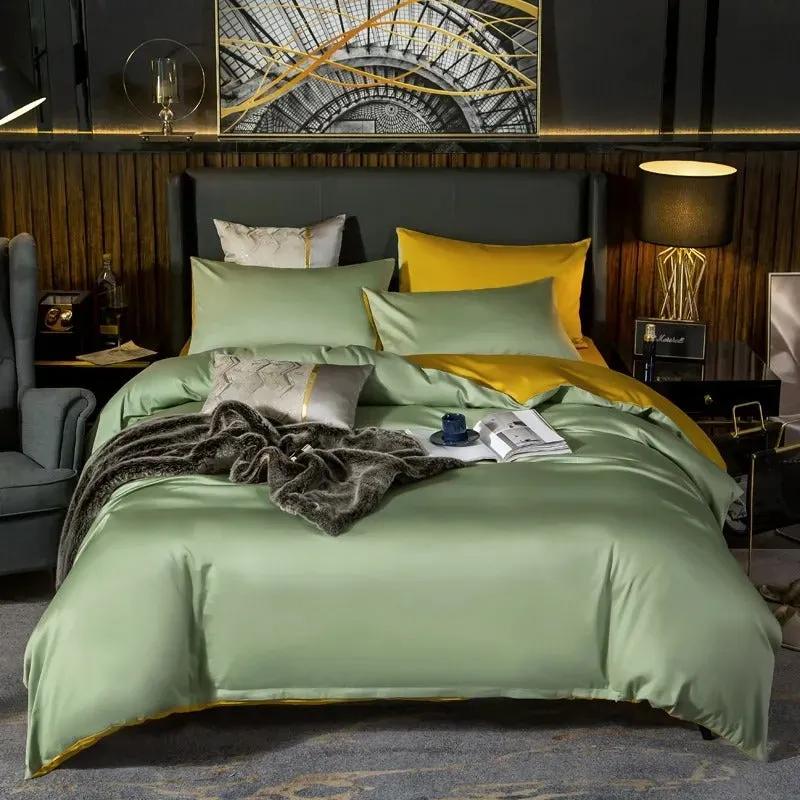 Anyhouz Bed Sheet Green Yellow Ultra Soft Luxury Egyptian Cotton Bedding Cover King Size 4 Pcs Bed Set