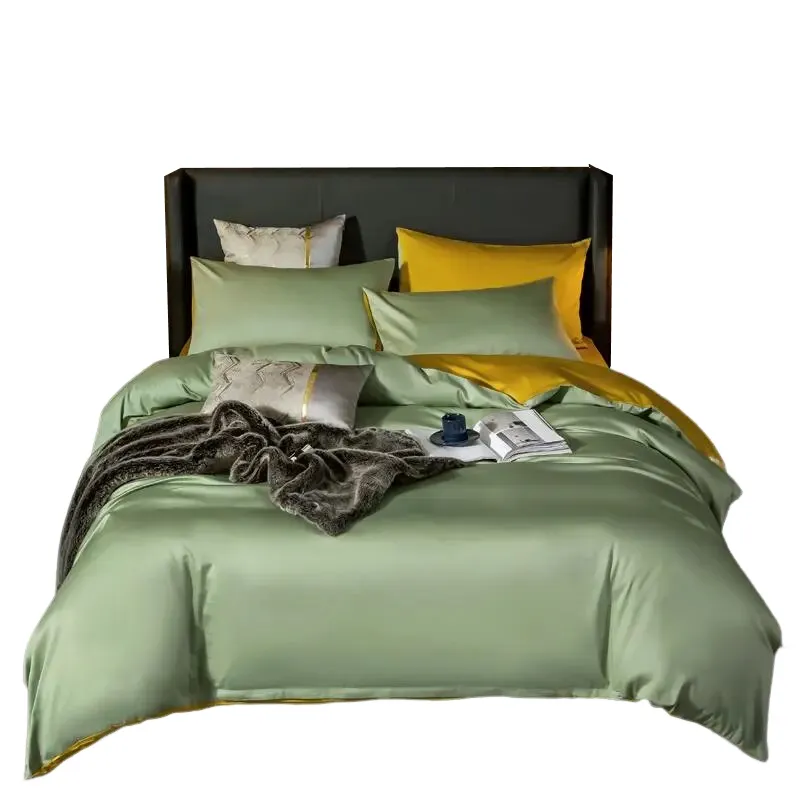 Anyhouz Bed Sheet Green Yellow Ultra Soft Luxury Egyptian Cotton Bedding Cover King Size 4 Pcs Bed Set