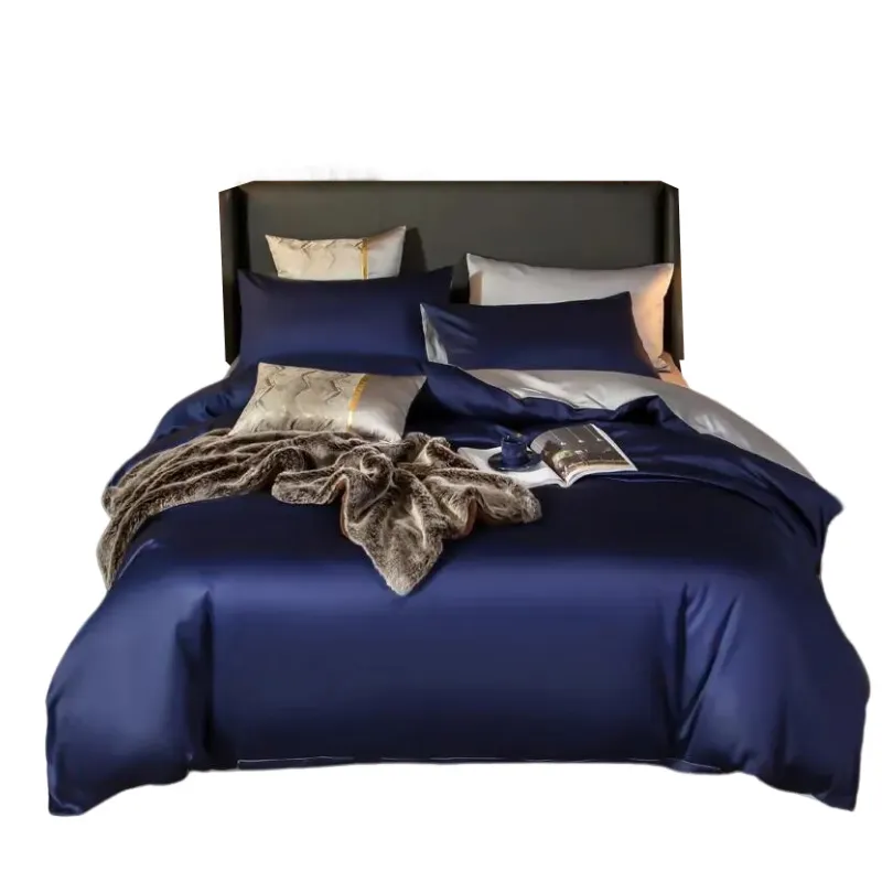 Anyhouz Bed Sheet Navy Blue Light Grey Ultra Soft Luxury Egyptian Cotton Bedding Cover King Size 6 Pcs Bed Set