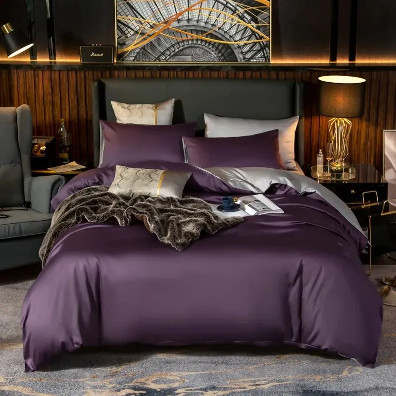 Anyhouz Bed Sheet Purple Light Grey Ultra Soft Luxury Egyptian Cotton Bedding Cover King Size 4 Pcs Bed Set
