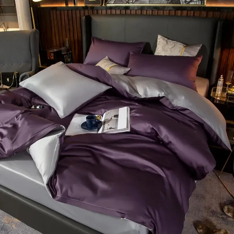 Anyhouz Bed Sheet Purple Light Grey Ultra Soft Luxury Egyptian Cotton Bedding Cover King Size 4 Pcs Bed Set