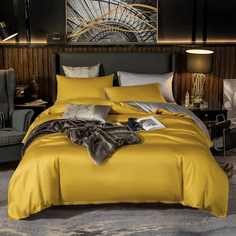 Anyhouz Bed Sheet Yellow Light Grey Ultra Soft Luxury Egyptian Cotton Bedding Cover Double Size 6 Pcs Bed Set